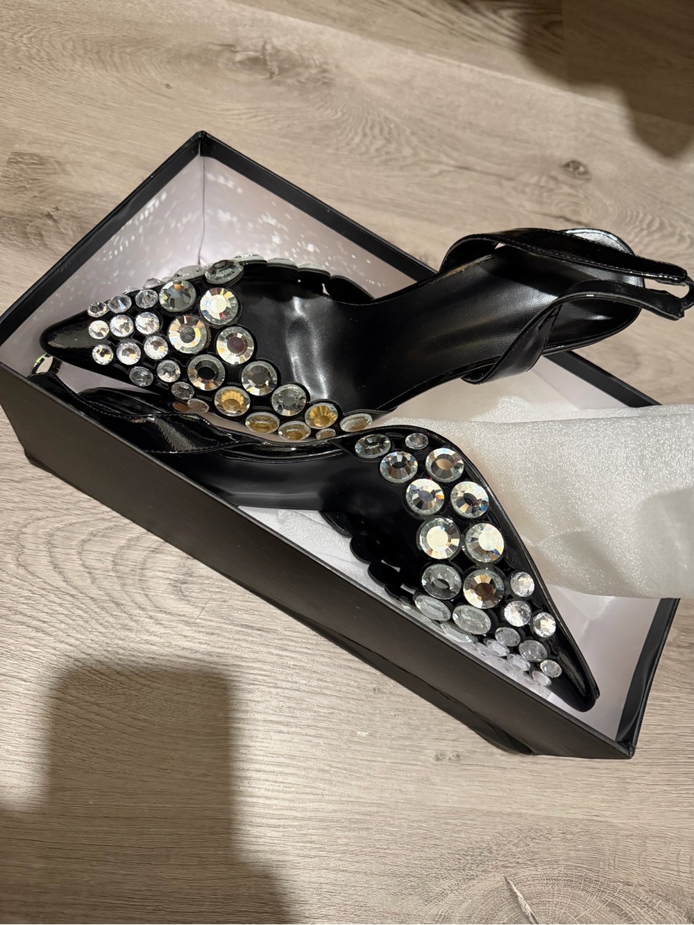 Embellished Black Pointed-Toe Slingback Heels